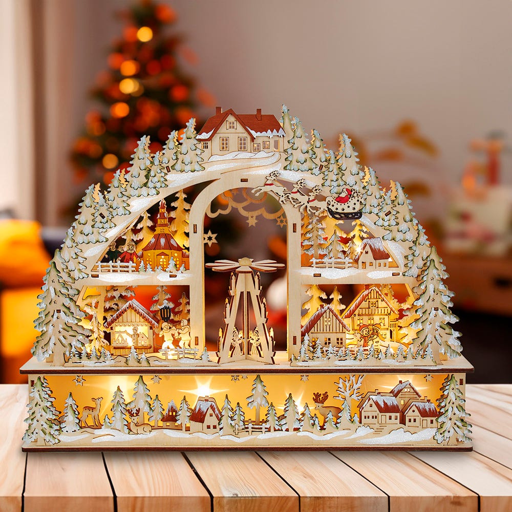 Kurt Adler 13.8-Inch Battery-Operated Light Up Christmas Village with Santa